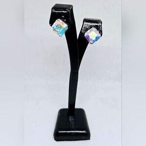 Iridescent Crystal Stud Earrings Square Cut Silver Tone